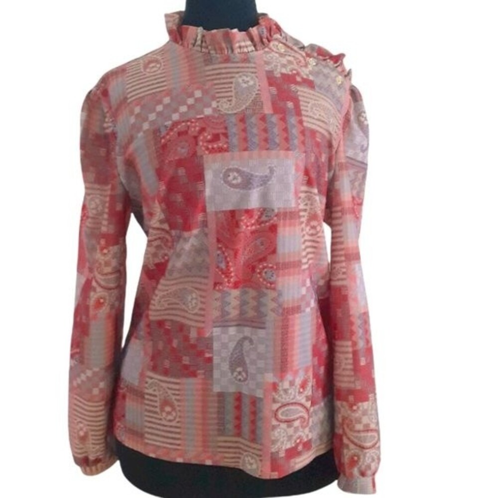 Devon VTG. 70's Paisley Patchwork Psychedelic  Ruffled Neck LS Pullover Top S